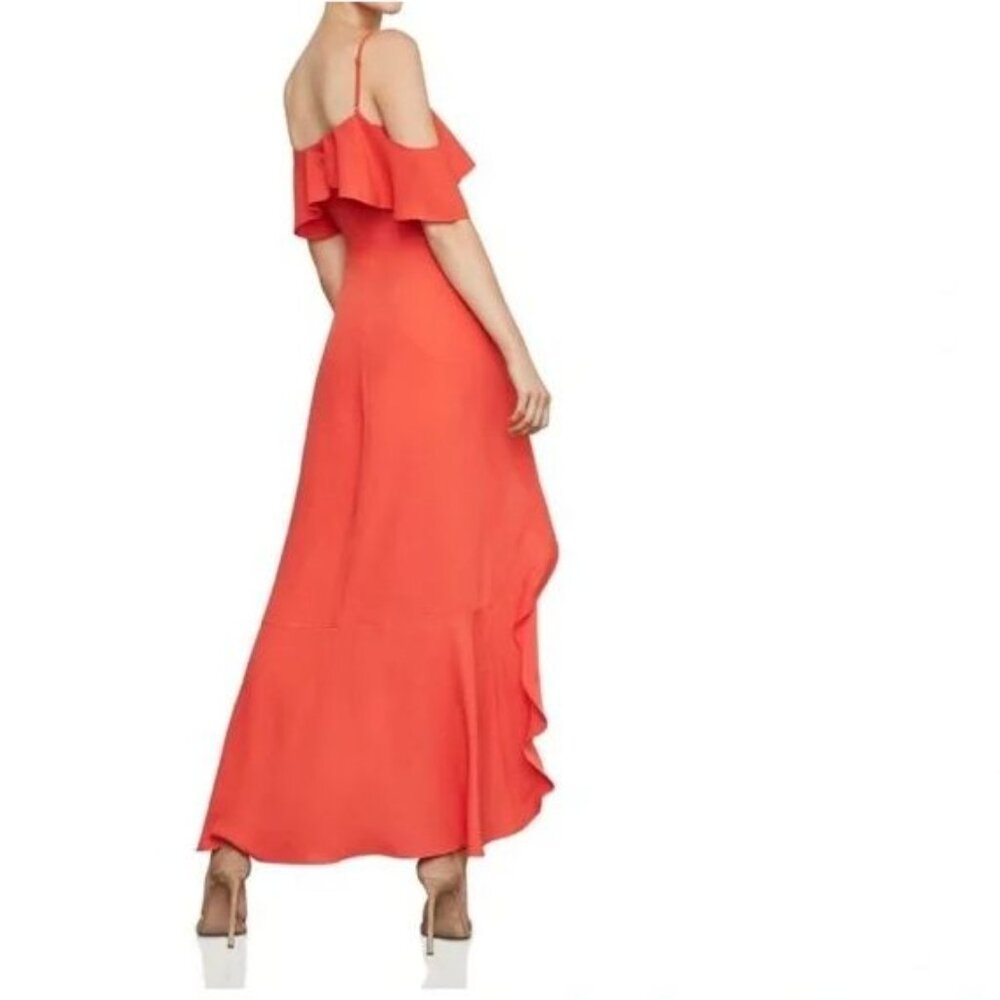 NEW BCBGMaxAzria Womens 0‎ Red Orange Spaghetti Strap Asymmetrical Ruffle Dress - Picture 3 of 11